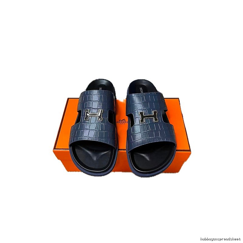 Hermès H-Buckle Collection Light Luxury Style Navy Blue Slides