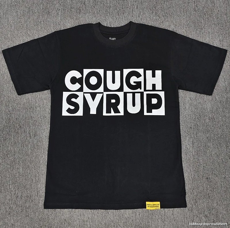 Black street-style short-sleeve T-shirt with COUGH SYRUP print