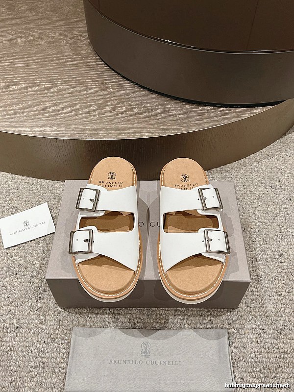 Brunello Cucinelli Double-Button Minimalist-Style White Slide Sandals