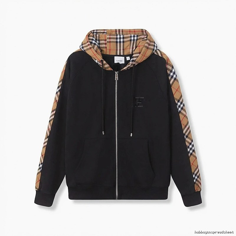 Burberry checkered pattern spliced black hoodie