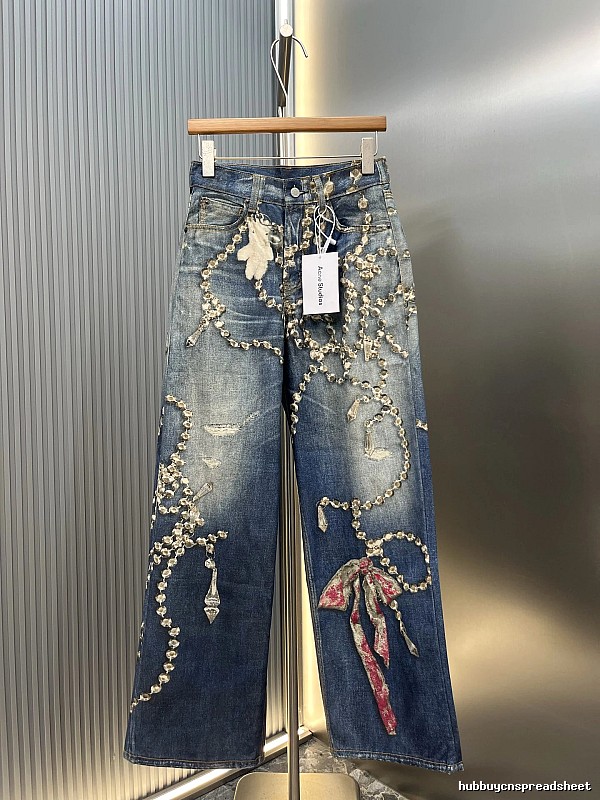 Chain-Like Trim Washed Indigo Chrome Hearts Embellished Wide Jeans
