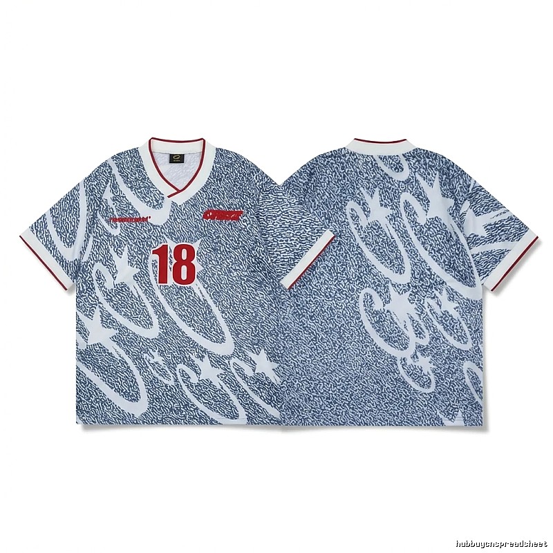 Corteiz-printed retro-style blue and white short-sleeve shirt