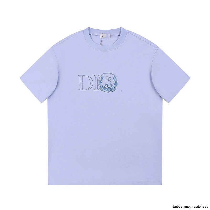 Dior Cat-Embroidered Casual Light Purple Short-sleeve T-Shirt