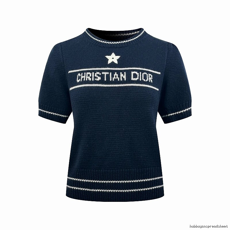 Dior Short Sleeve Knit Sweater with Cream Trim and Star Detail