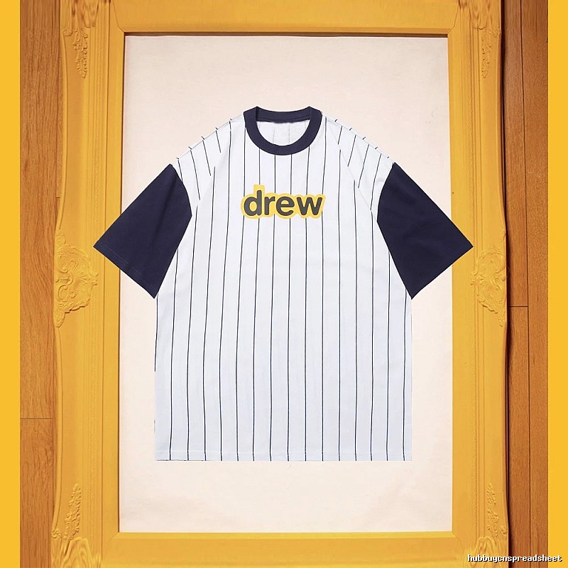 DREW Letter Print Street Style White and Navy Blue Short Sleeve T-Shirt