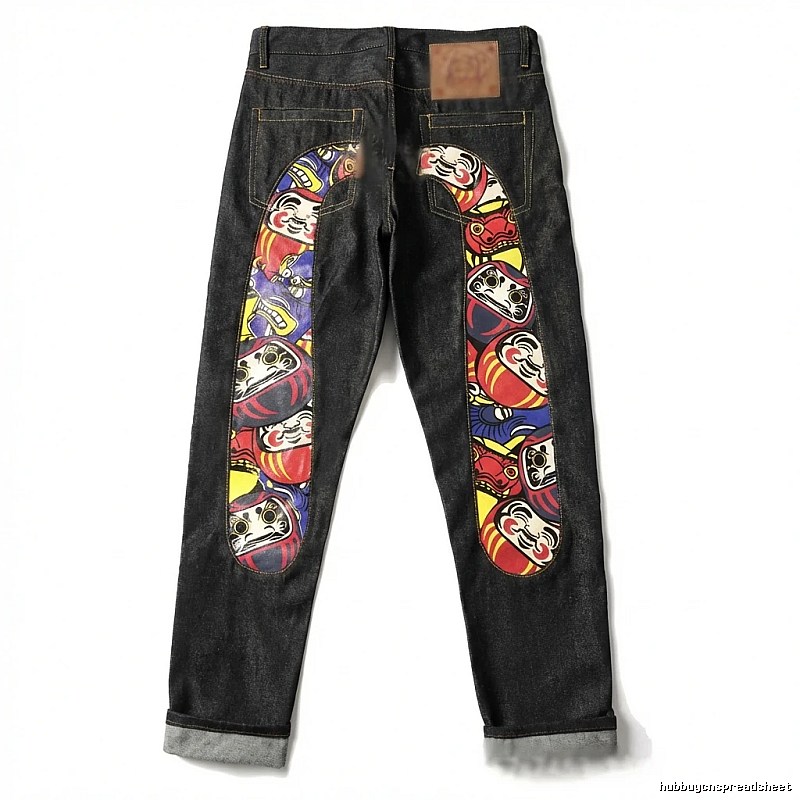 EVISU jeans with Daruma print, trendy and cool