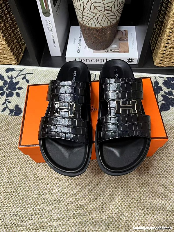 Hermès H-buckle Crocodile Pattern Light Luxury Style Black Slippers