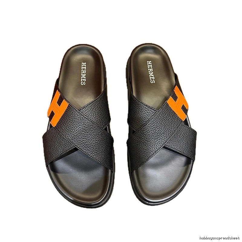 Hermès H-logo Casual Style Black and Orange Color-block Slides