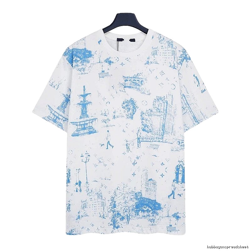 Louis Vuitton City Print Casual Style White and Blue T-Shirt