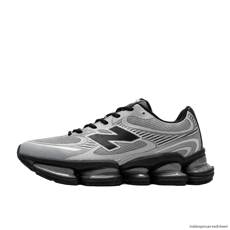 New Balance retro-style grey and black athletic shoes.