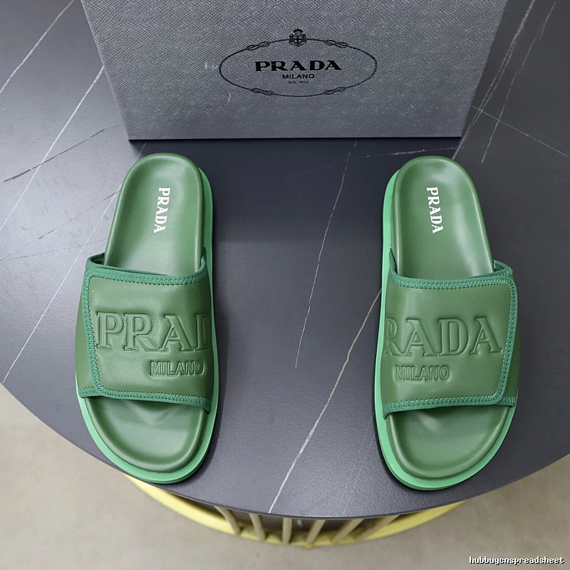 Prada Embossed Light Luxury Style Green Slide Sandals