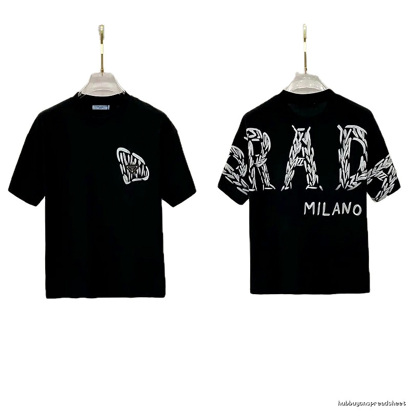 Prada Embroidered Streetwear Style Black Short-sleeve T-shirt