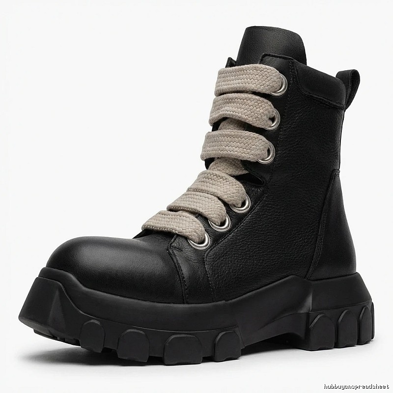 Rick Owens' dark functional style black boots.