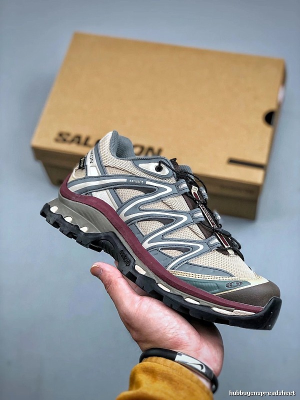Salomon Trail Runners in Gray and Burgundy with Treaded Trail Sole