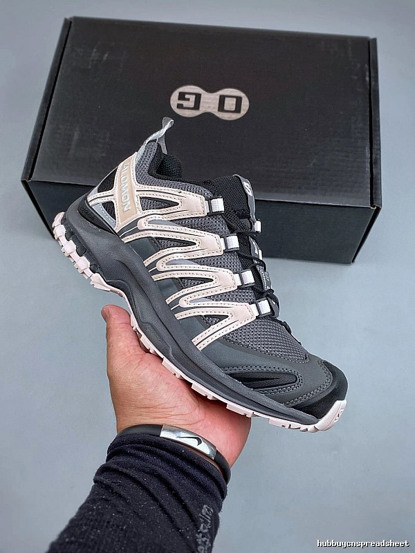 Salomon Trail Runners in Gray and Pink with Treaded Trail Sole