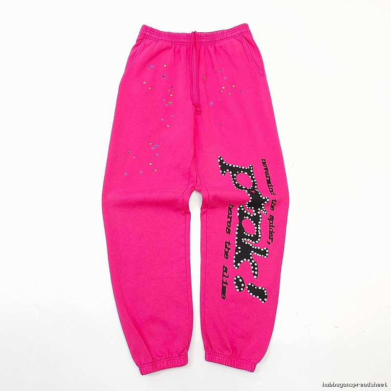 Sp5der Logo Sweatpants in Hot Pink - black vertical branding and cuffed ankles