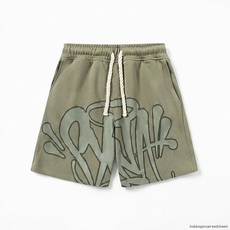SynaWorld graffiti-style military green shorts