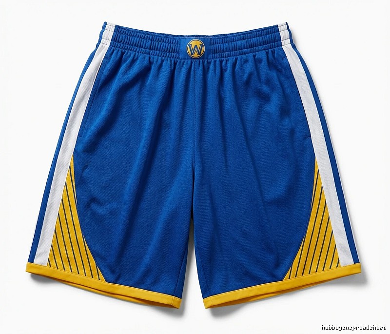 The blue, white and yellow shorts of the Golden State Warriors for Curry.