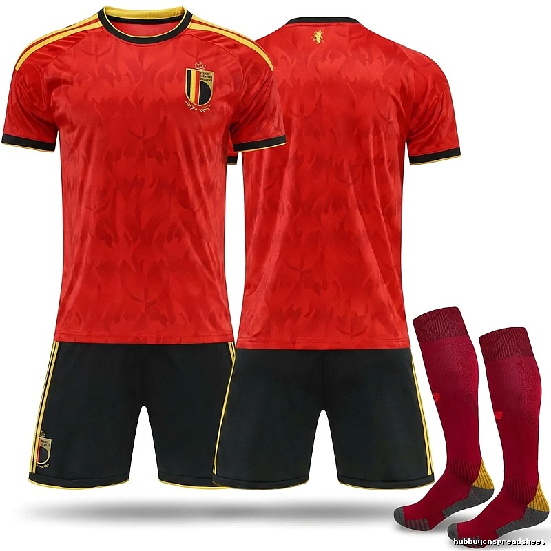 The classic red and black football uniforms of the Belgian team.